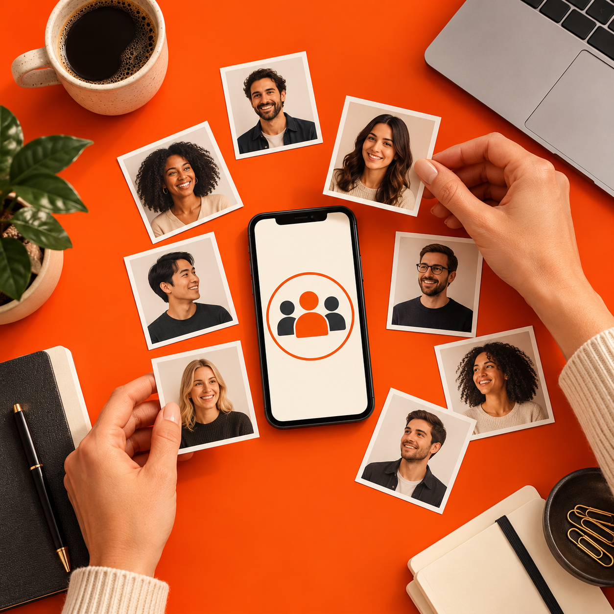 Customer portraits arranged around a smartphone
