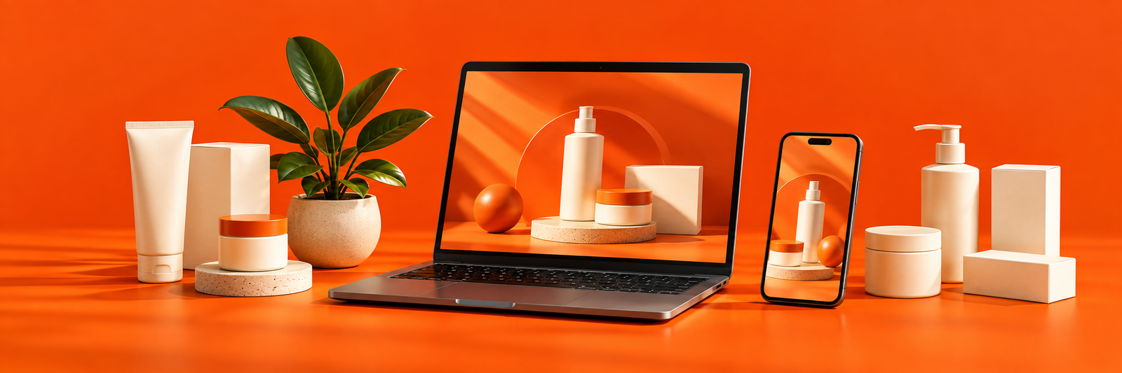Products displayed alongside a laptop and smartphone