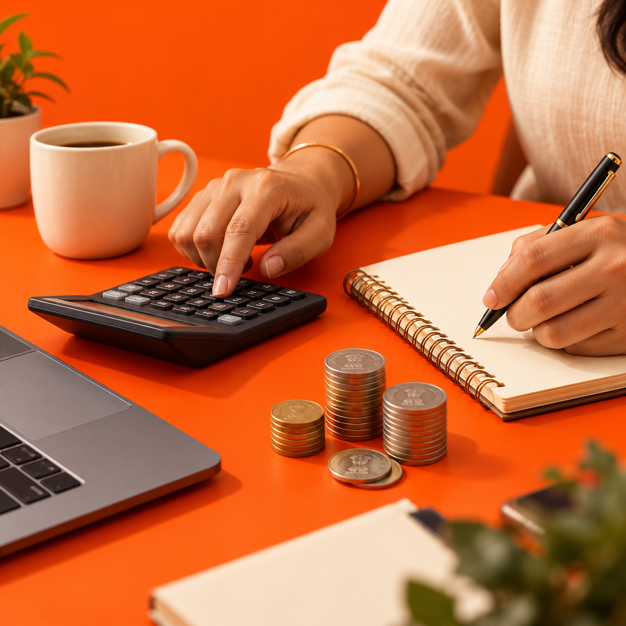 Planning a budget with a calculator and notebook